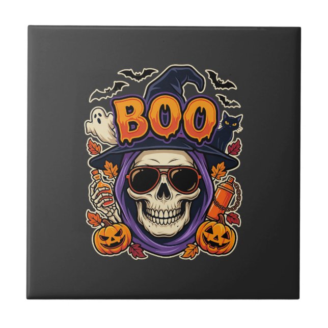 Azulejo De Cerâmica Vector de Óculos de Sol Crânio Boo de Halloween (Frente)
