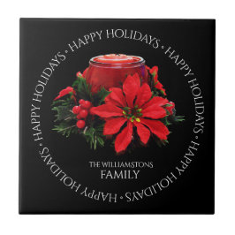 Azulejo De Cerâmica Vela de Natal Vermelho Festiva, Holly e Poinsettia