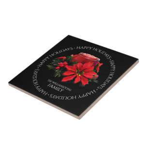 Azulejo De Cerâmica Vela de Natal Vermelho Festiva, Holly e Poinsettia