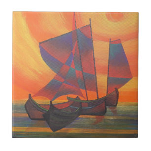 Azulejo De Cerâmica Velas Vermelhas no Sunset Cubist Lixo Abstrato