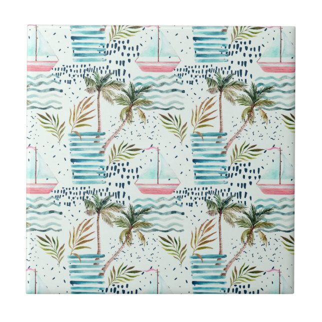 Azulejo De Cerâmica Veleiro da aguarela com teste padrão da palmeira (Frente)