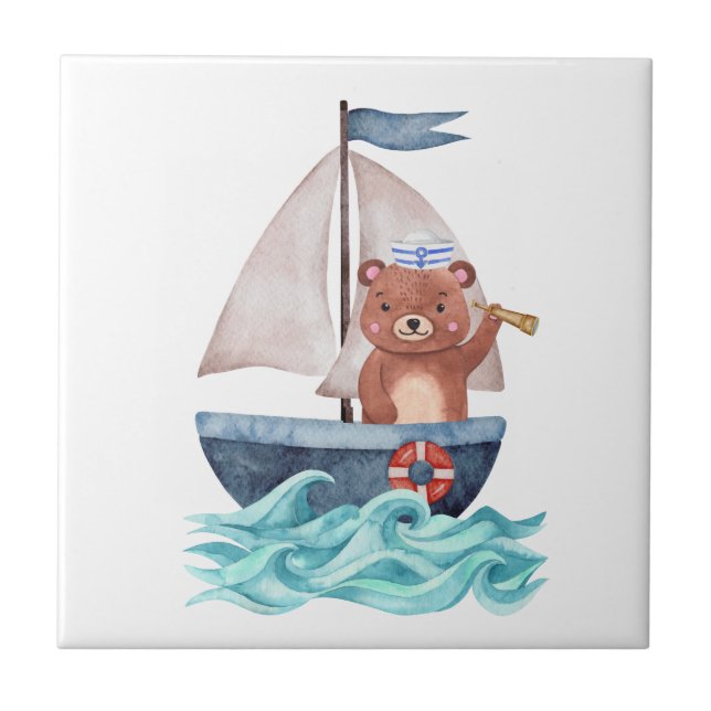 Azulejo De Cerâmica Veleiro Urso Aquático Cores Náuticas Ondas Marítim (Frente)