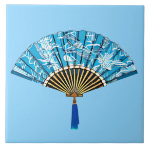 Azulejo De Cerâmica Ventilador japonês azul e branco em turquesa