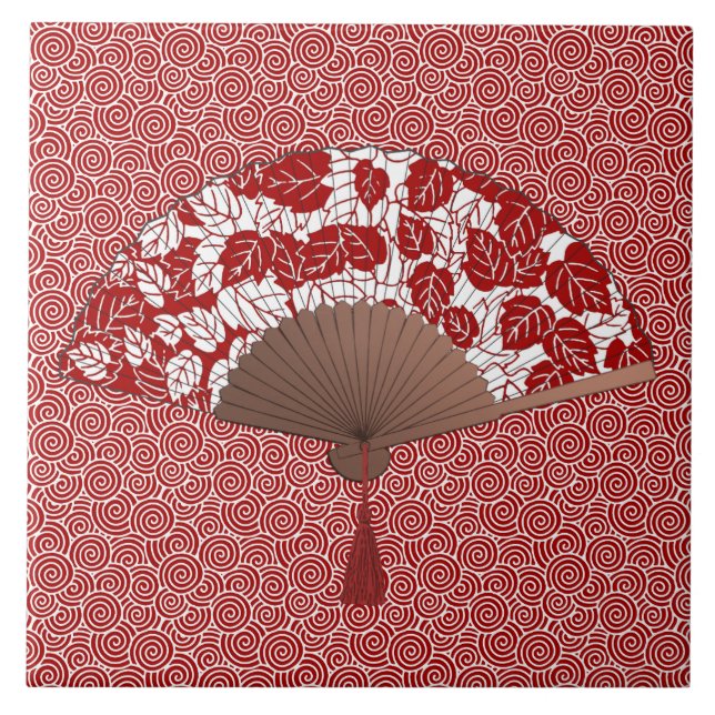 Azulejo De Cerâmica Ventilador japonês no Impressão de folha, vermelho (Frente)