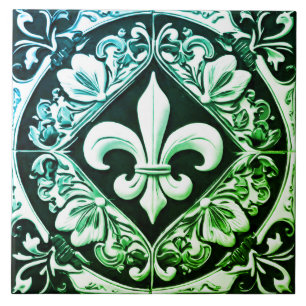 Azulejo De Cerâmica Verde Azul e Fleur de Lis Negro