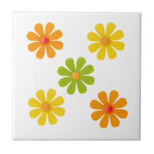 Azulejo De Cerâmica Verde do primavera, amarelo, flores alaranjadas