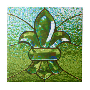 Azulejo De Cerâmica Verde do vitral da flor de lis