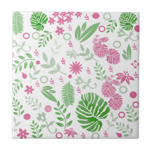 Azulejo De Cerâmica Verde e folhas e flores do rosa
