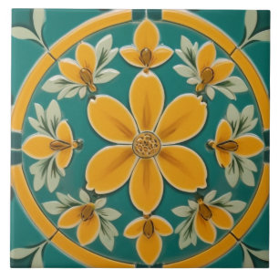 Azulejo De Cerâmica Verde Escuro e Flor Amarelo Floral Mediterrâneo