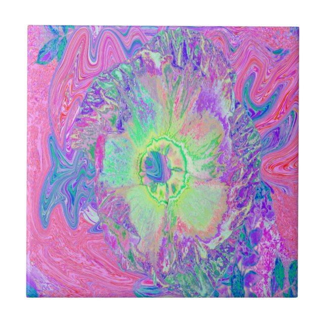 Azulejo De Cerâmica Verde limão Psychedelic Trippy e Hibiscus roxo (Frente)