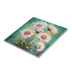 Azulejo De Cerâmica Verde-Teal Impressionista de Pintura Floral
