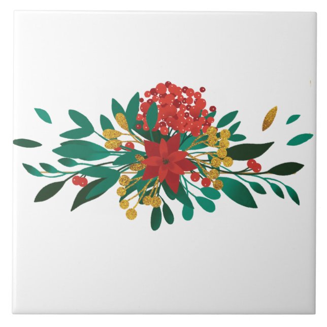 Azulejo De Cerâmica Verde Vermelho Moderno e Dourado Natal Floral (Frente)