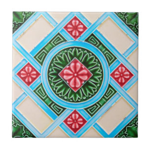 Azulejo De Cerâmica Verdes Vermelhos Vermelhos Peranakan Floral Geomét