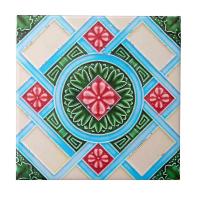 Azulejo De Cerâmica Verdes Vermelhos Vermelhos Peranakan Floral Geomét (Frente)