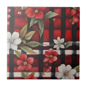 Azulejo De Cerâmica Verifica Floral da Casa de Campo Vermelha Branca e