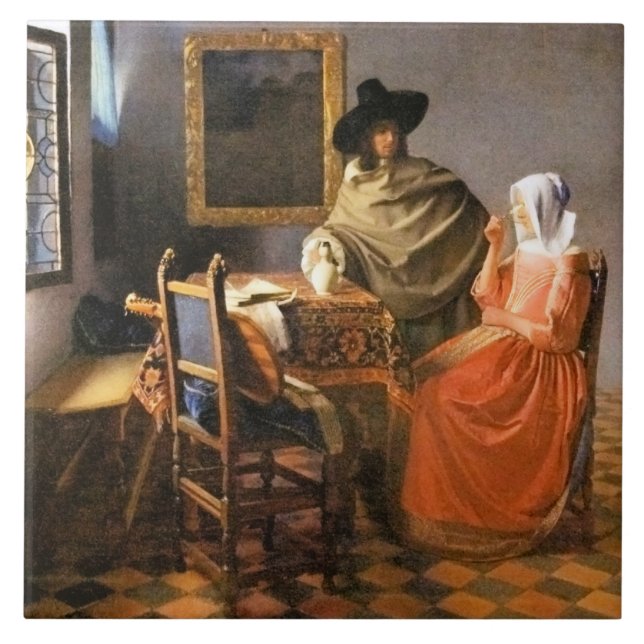 Azulejo De Cerâmica Vermeer - O Vidro do Vinho, famosa pintura (Frente)