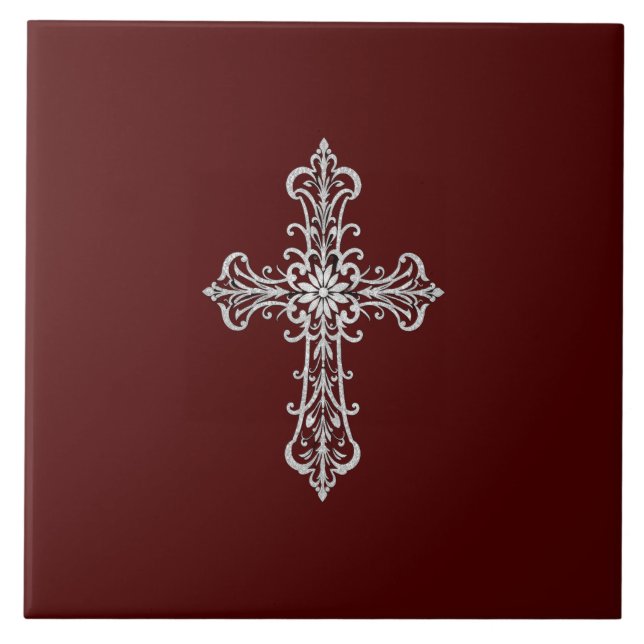 Azulejo de Cerâmica Vermelha Escura com Cruz de Pr (Frente)