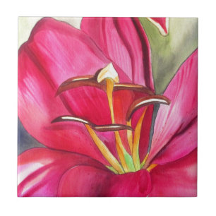 Azulejo De Cerâmica Vermelho Alerta Lily - pintura em flor de aquarela