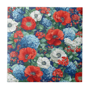 Azulejo De Cerâmica Vermelho Azul Branco Floral Patriótico (1)