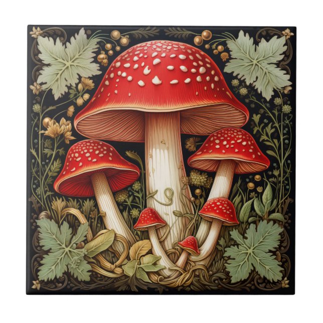 Azulejo De Cerâmica Vermelho Botânico Amanita Muscaria 3D Efeito Cogum (Frente)