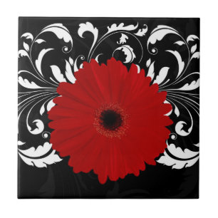 Azulejo De Cerâmica Vermelho brilhante Gerbera Daisy em preto