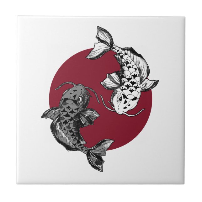 Azulejo De Cerâmica Vermelho do Círculo Koi Carp Japonês (Frente)
