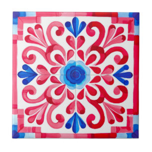 Azulejo De Cerâmica Vermelho e Azul Floral Talavera Tradicional Mexica