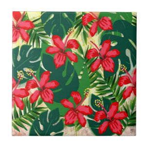 Azulejo De Cerâmica Vermelho e verde da selva tropical colorida