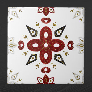 Azulejo De Cerâmica Vermelho Escandinavo Azul Dourado Gráfico Nórdico