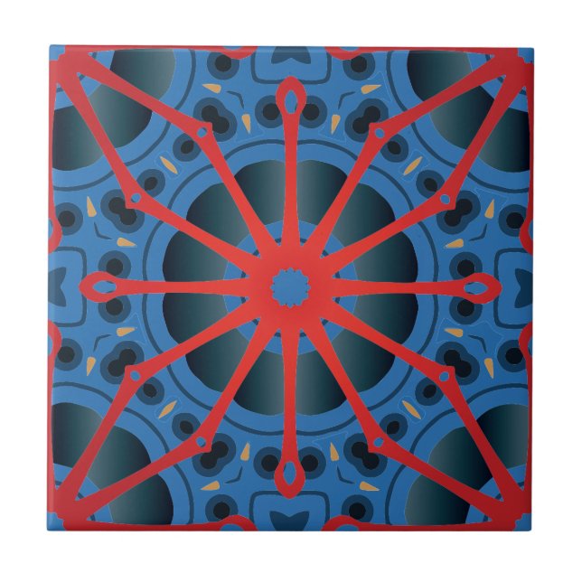 Azulejo De Cerâmica Vermelho Escarlate e Blue Indigo Etnic Boho Padrão (Frente)