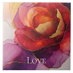 Azulejo De Cerâmica Vermelho Romântico Roxo Dourado Floral Amor