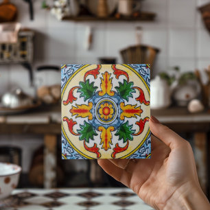 Azulejo De Cerâmica Vermelhos de Flor Laranja Vermelho Peranakan Deixa