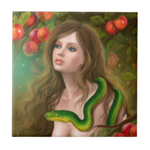 Azulejo De Cerâmica Véspera bonita e serpente da mulher