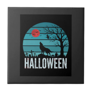 Azulejo De Cerâmica Vetor da Lua do Cemitério do Lobo de Halloween