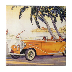 Azulejo De Cerâmica Viagem de família vintage em um carro conversível