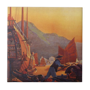 Azulejo De Cerâmica Viagens vintage, avião sobre lixo em Hong Kong