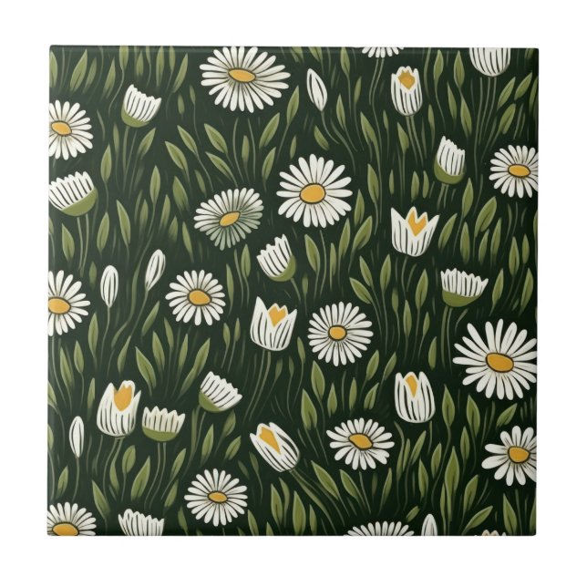 Azulejo De Cerâmica Vibrant Daisy Pattern with Lush Green Accents (Frente)