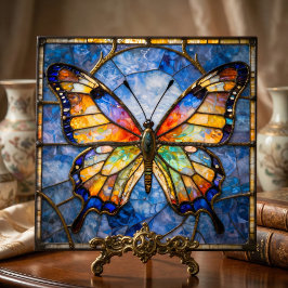 Azulejo De Cerâmica Vibrant Faux Stained Glass Butterfly Mosaic Art