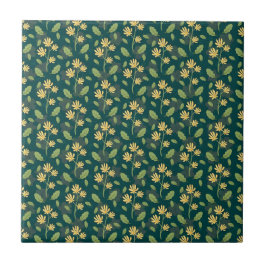 Azulejo De Cerâmica Vibrant Green Pattern with Yellow Flowers & Leaves