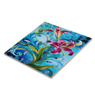 Azulejo De Cerâmica Vibrant Lily Blooms Contra Azuis