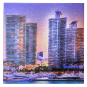 Azulejo De Cerâmica Vibrant Miami Skyline Sunrise