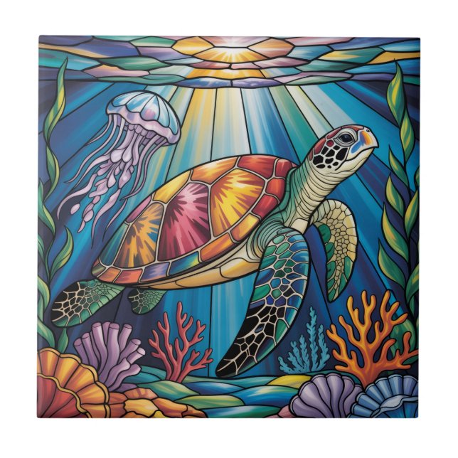 Azulejo De Cerâmica Vibrant Stained Glass Sea Turtle Ocean Design (Frente)