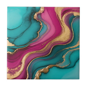 Azulejo De Cerâmica Vibrante Abstrato de Tinta Alcoólica Teal Magenta