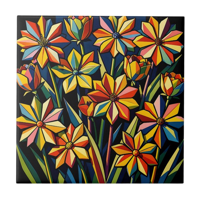 Azulejo De Cerâmica Vibrante Buquê de Flores Geométricas Arco-íris (Frente)