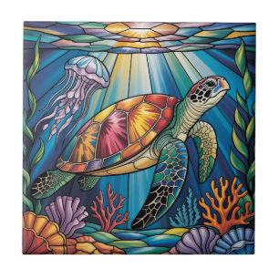 Azulejo De Cerâmica Vibrante Design de Tartaruga Marinha em Vidro Colo