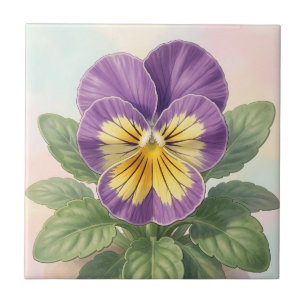 Azulejo De Cerâmica Vibrante Flor de Pansy Amarelo Roxo Botânica