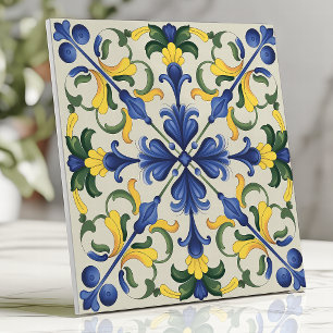 Azulejo De Cerâmica Vibrante Floral Mediterrâneo Azul e Amarelo