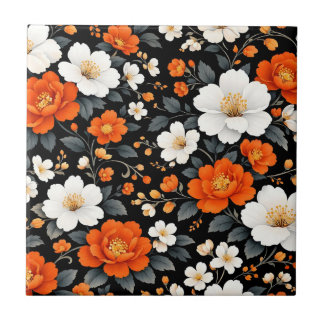 Azulejo De Cerâmica Vibrantes Flores Laranja e Brancas sobre Preto