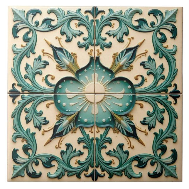 Azulejo De Cerâmica Victorian Teal Laurel (Frente)