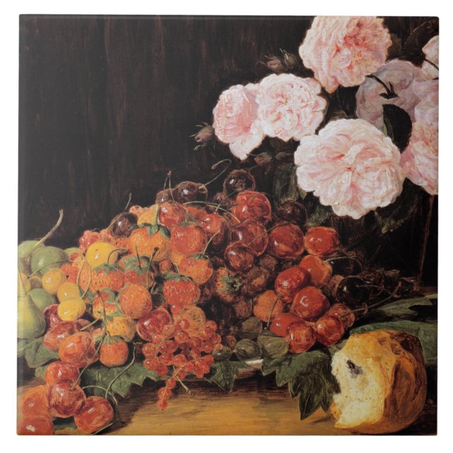 Azulejo De Cerâmica Vida Contínua com Rosas, Morangos e Pão (Frente)